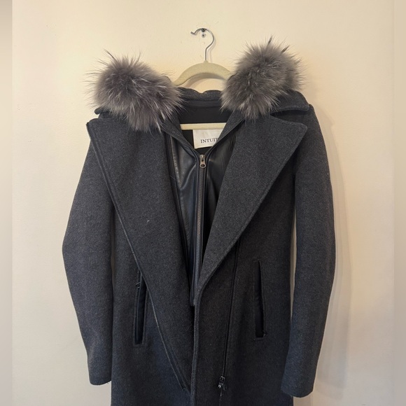 💜 Intuition Paris Wool Coat w/ Leather Trim & Real Fur Hood Size 4 - Picture 2 of 13